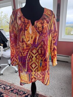 100%silk chicos Vibrant Multicolor Printed Women's Tunic Top. Size L